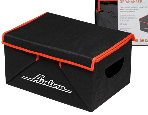 Органайзер  с крышкой в багажник, складной 46*19*32 см (28л), черный/оранжевый